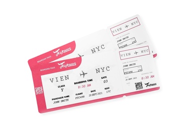 Photo of Tickets isolated on white, top view. Travel agency concept