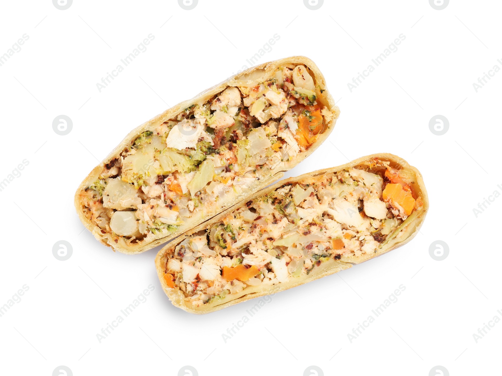 Photo of Pieces of tasty strudel with chicken and vegetables isolated on white, top view