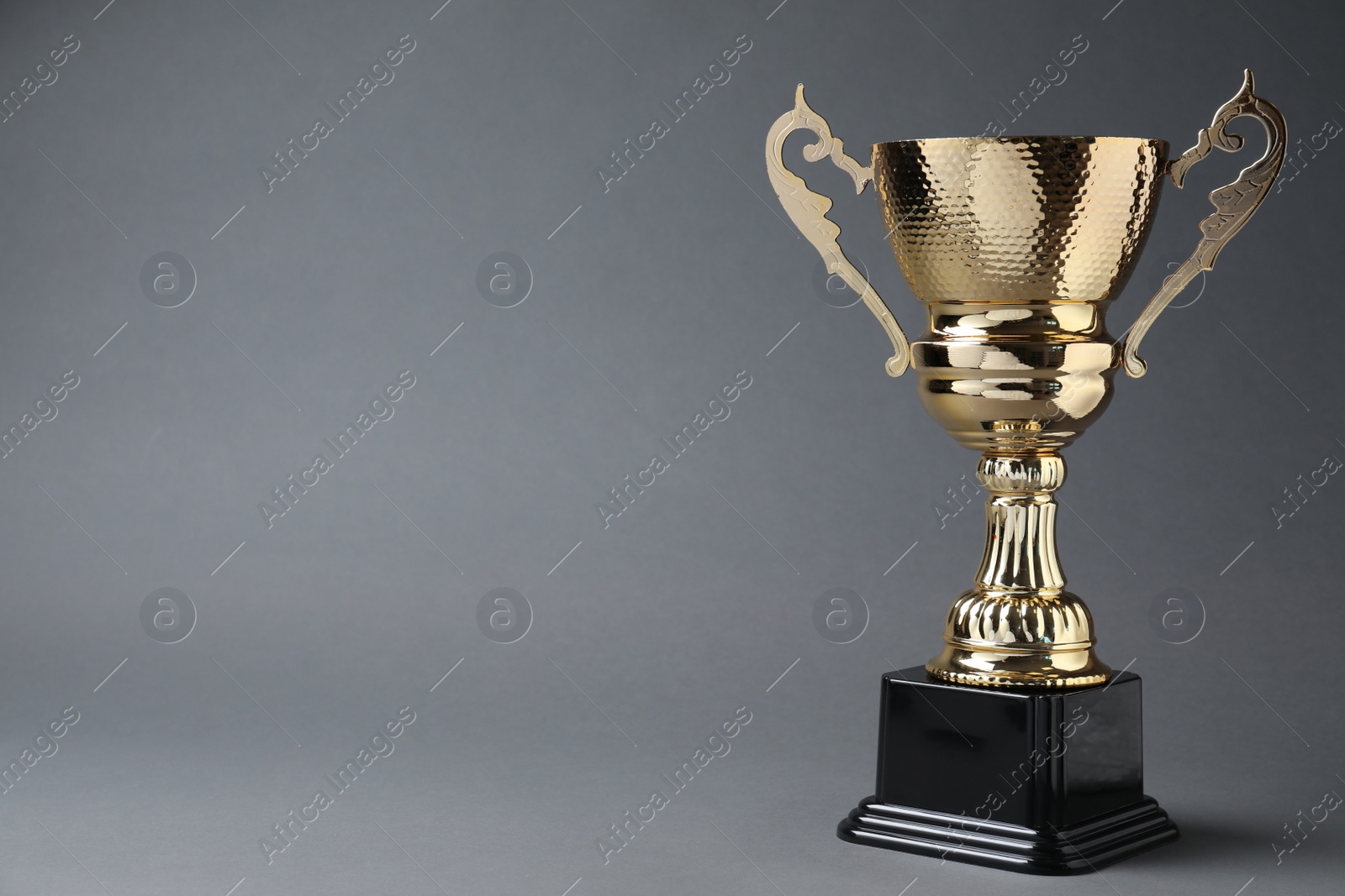 Photo of Golden trophy cup on grey background. Space for text