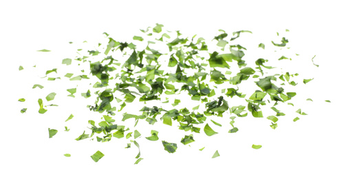 Cut fresh green parsley on white background