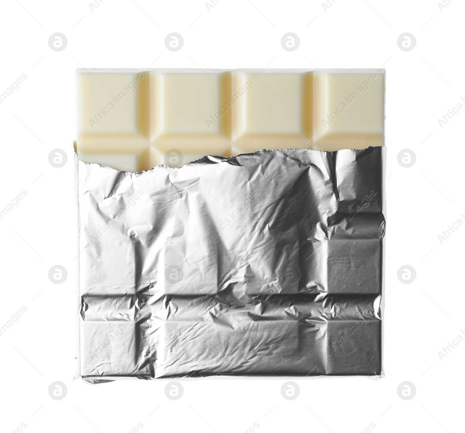 Photo of Delicious chocolate bar wrapped in foil isolated on white