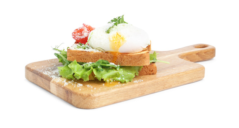 Photo of Delicious poached egg sandwich isolated on white