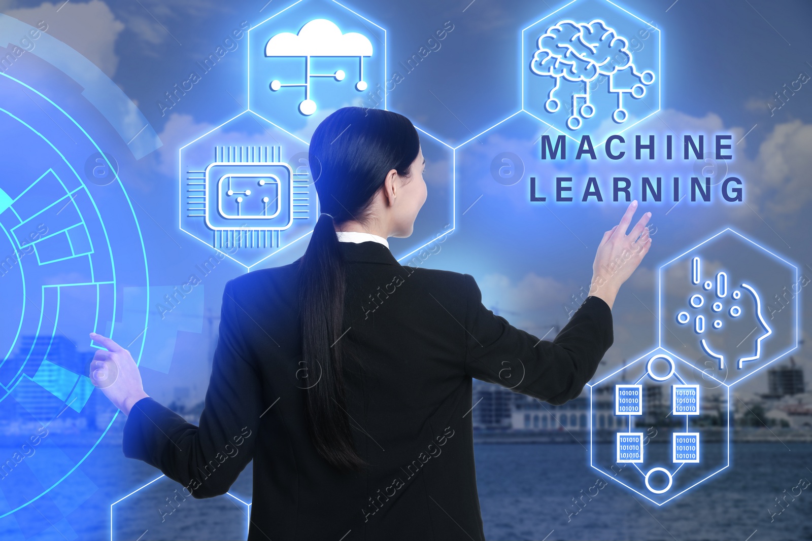 Image of Woman touching icon on machine learning model and cityscape on background
