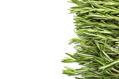 Photo of Fresh rosemary twigs on white background, top view