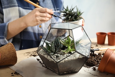 Photo of Woman and florarium with succulents at table, closeup. Transplanting home plants