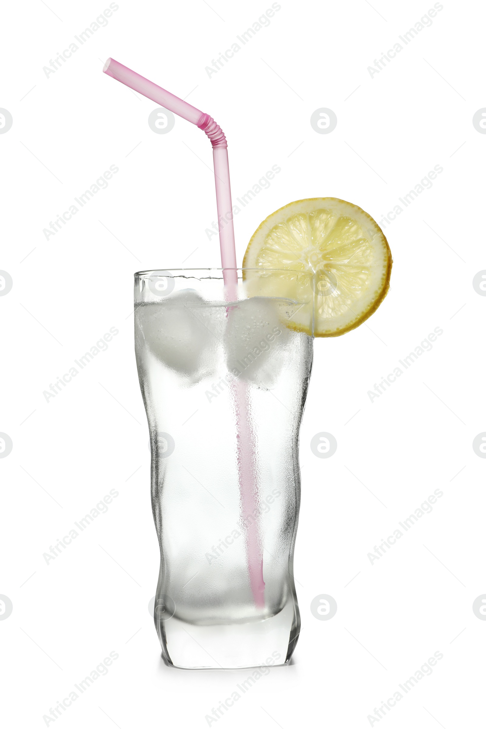 Photo of Glass of water with lemon, ice and straw on white background. Refreshing drink