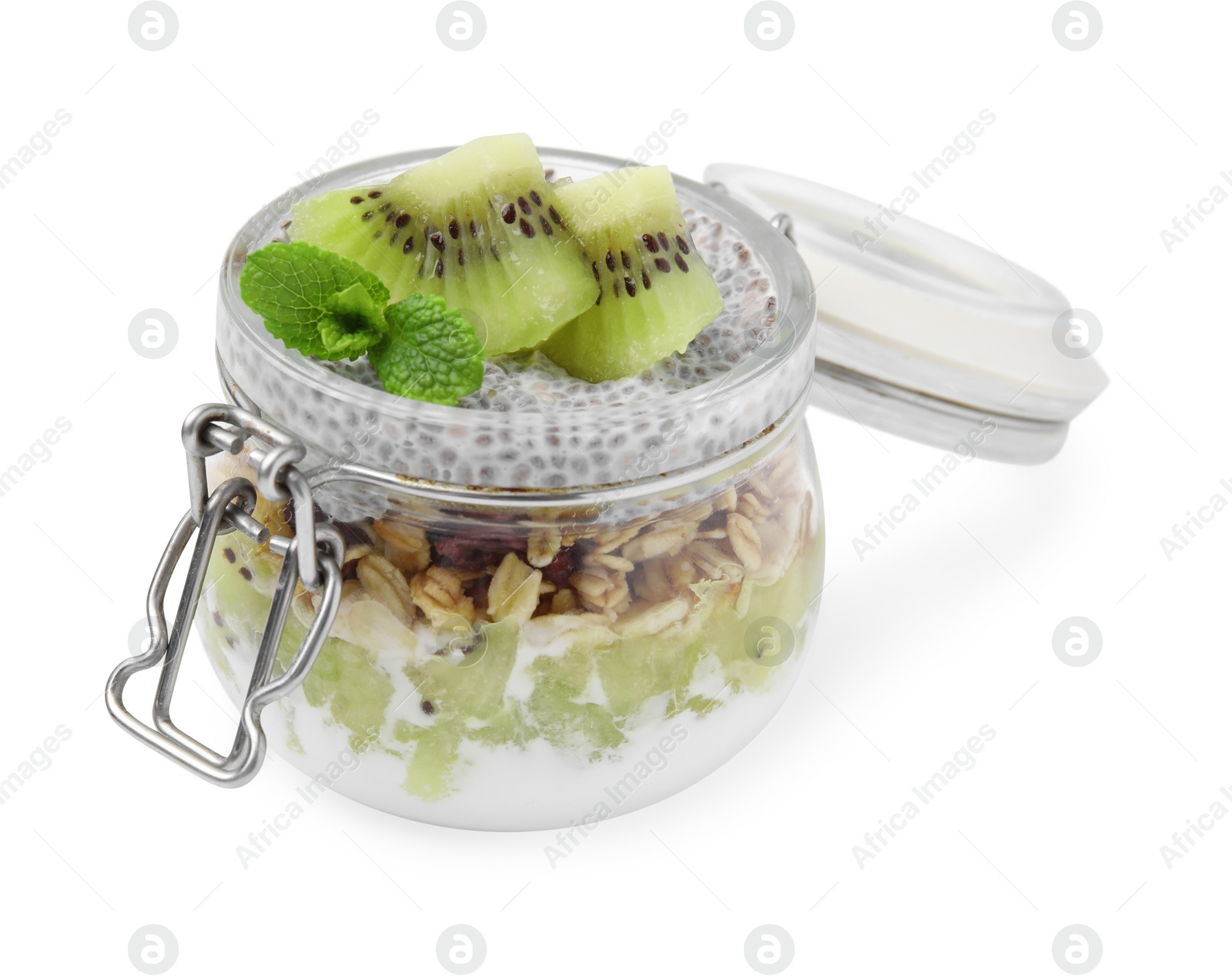Photo of Delicious dessert with kiwi and chia seeds isolated on white
