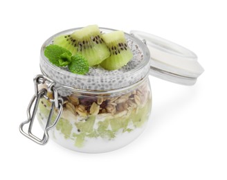 Delicious dessert with kiwi and chia seeds isolated on white