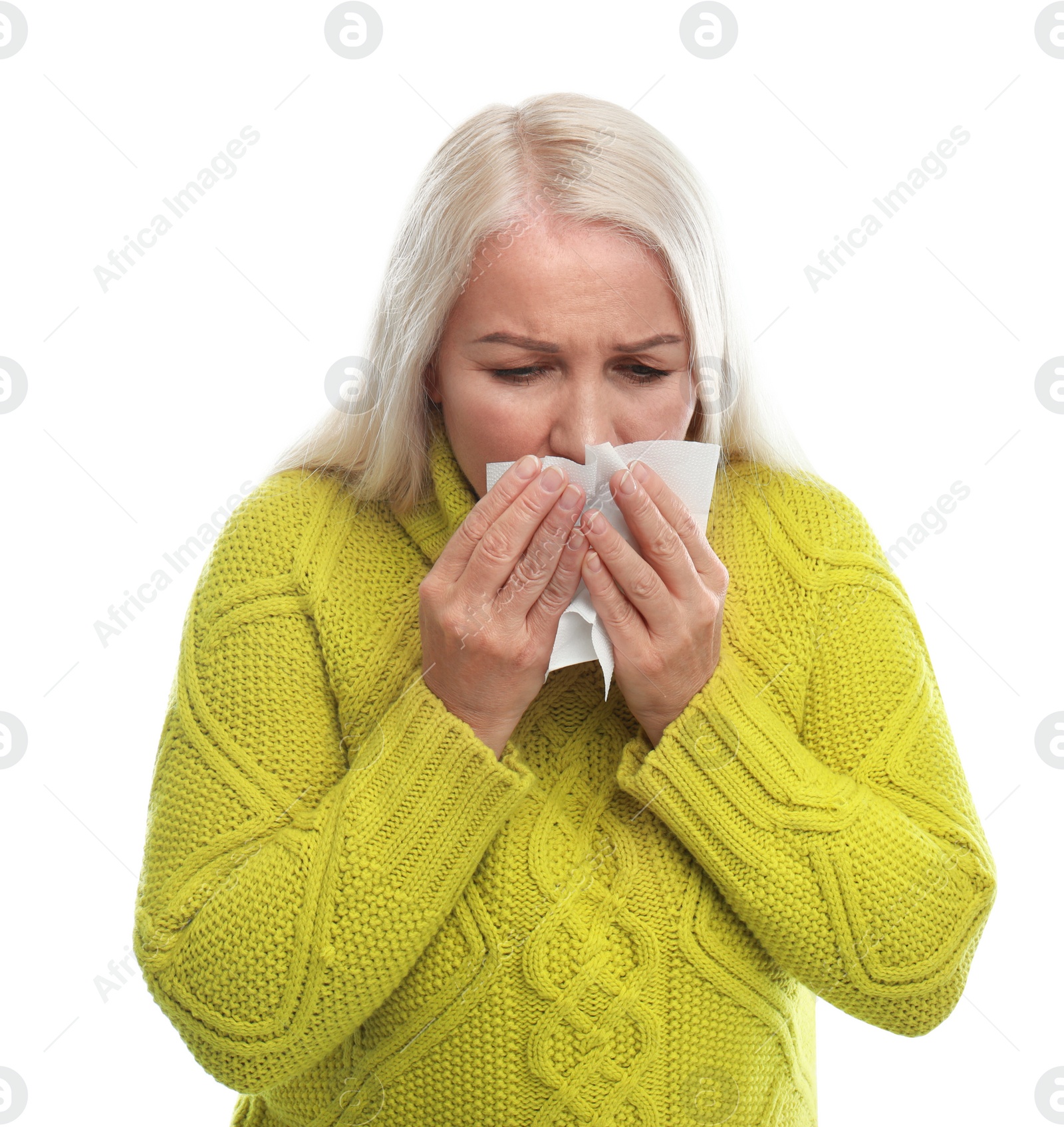 Photo of Mature woman suffering from cold on white background