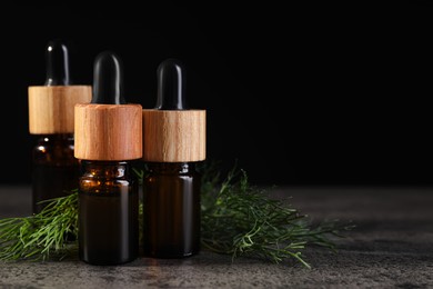 Photo of Bottles of essential oil and fresh dill on grey table, closeup. Space for text
