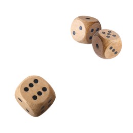 Image of Three wooden dice in air on white background