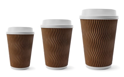 Image of Paper coffee cups of different sizes on white background, collage