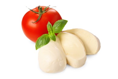Photo of Delicious mozzarella cheese, tomato and basil leaves isolated on white. Cooking Caprese salad