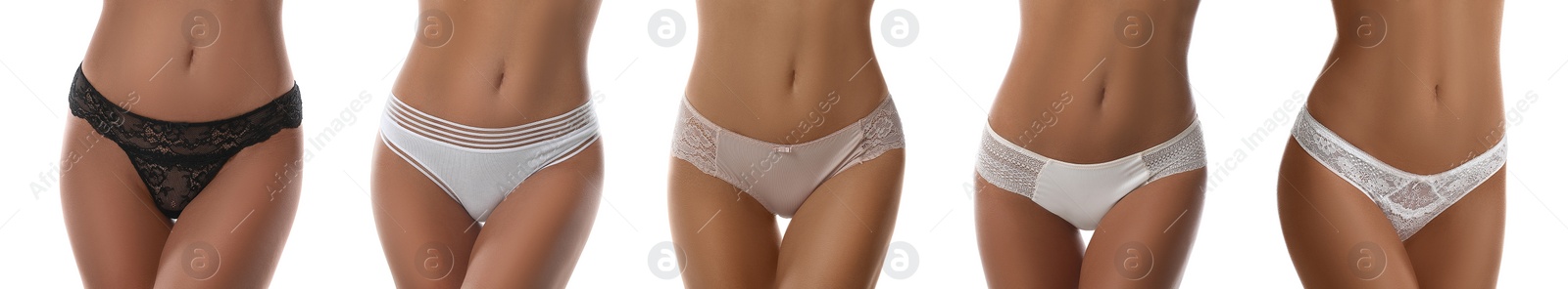 Image of Collage with photos of women wearing panties on white background, closeup. Banner design