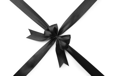 Black satin ribbon with bow isolated on white, top view