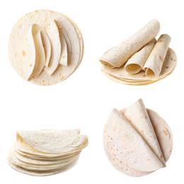 Image of Set of corn tortillas on white background