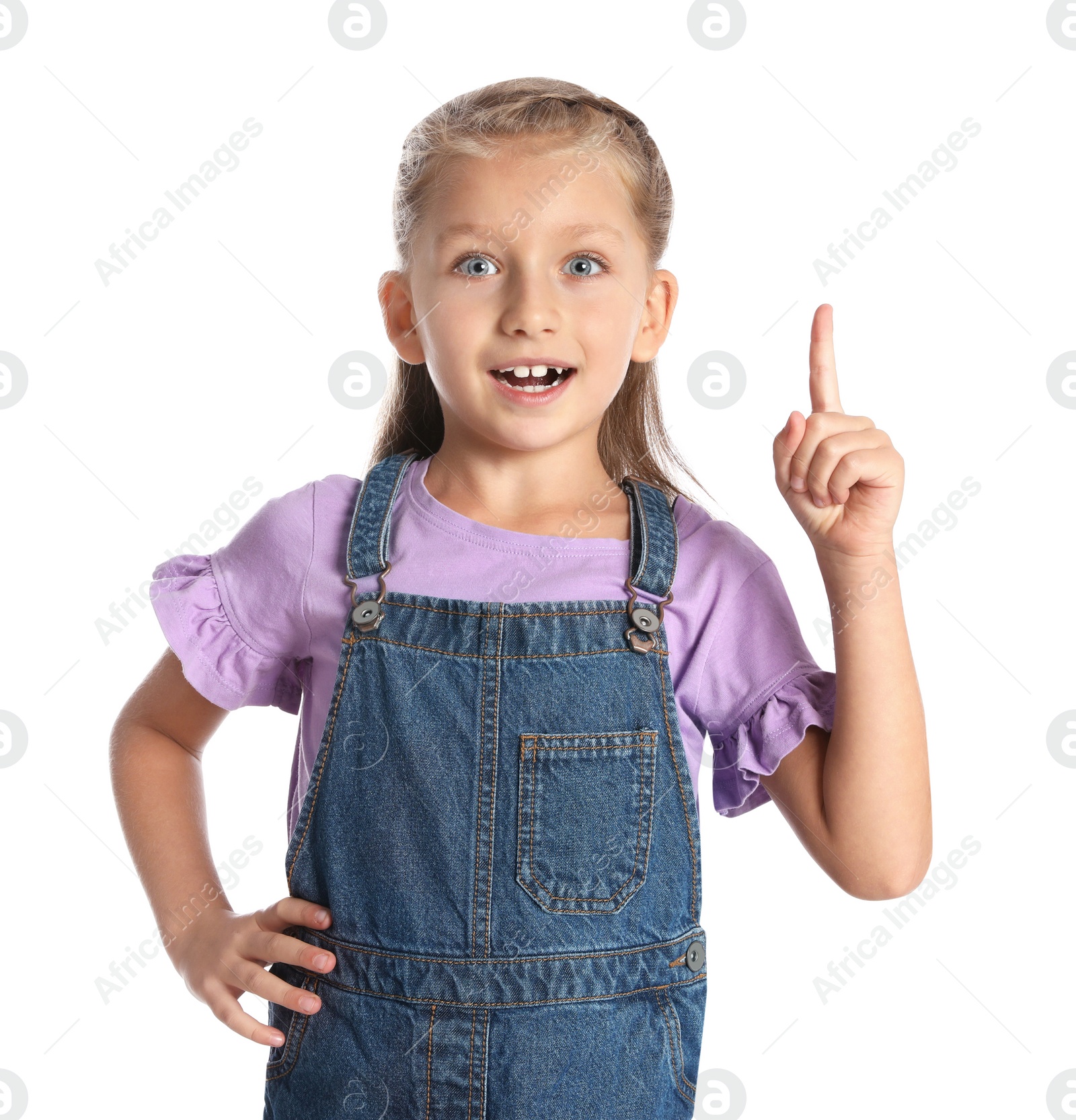 Photo of Portrait of adorable little girl on white background