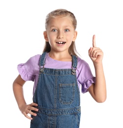 Portrait of adorable little girl on white background