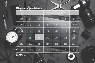 Double exposure of calendar and designer's workplace. Personal schedule
