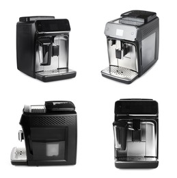 Image of Set with modern electric coffee machines on white background