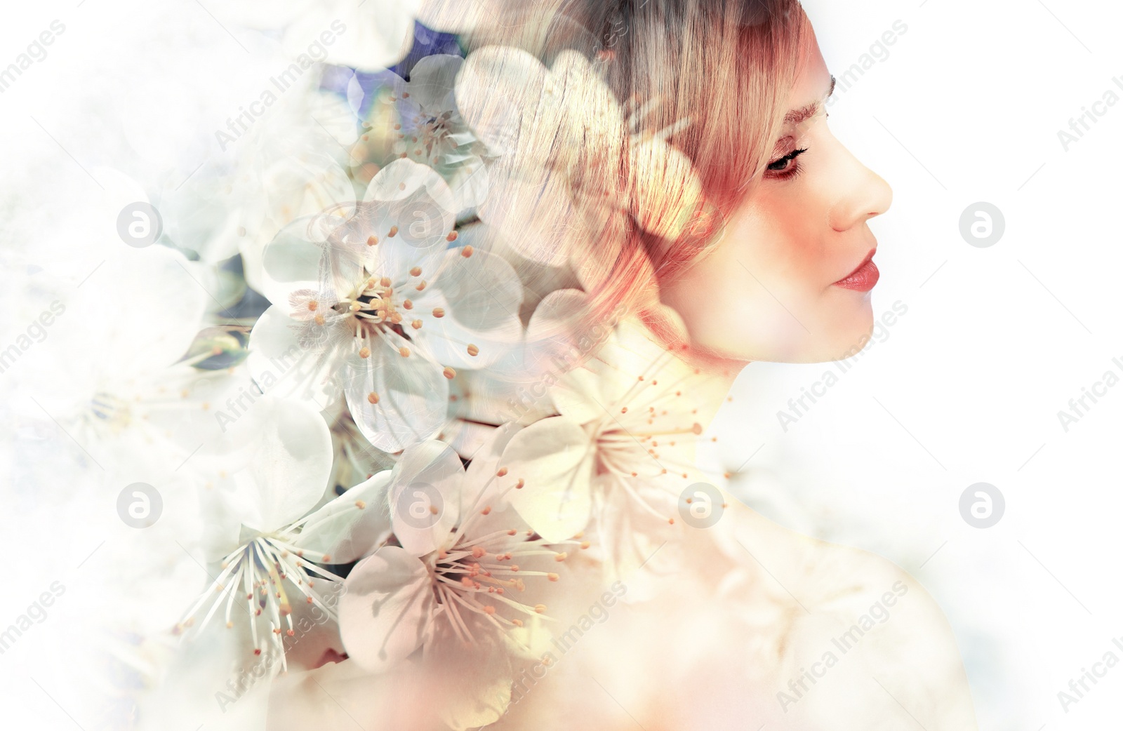 Image of Double exposure of beautiful woman and blooming flowers