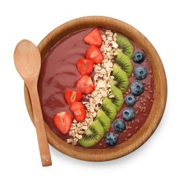 Photo of Bowl of delicious smoothie with fresh blueberries, strawberries, kiwi slices and oatmeal on white background, top view