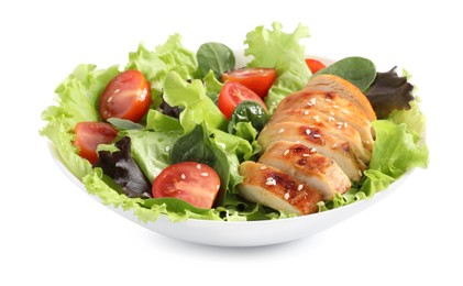 Delicious salad with chicken, cherry tomato and spinach in bowl isolated on white