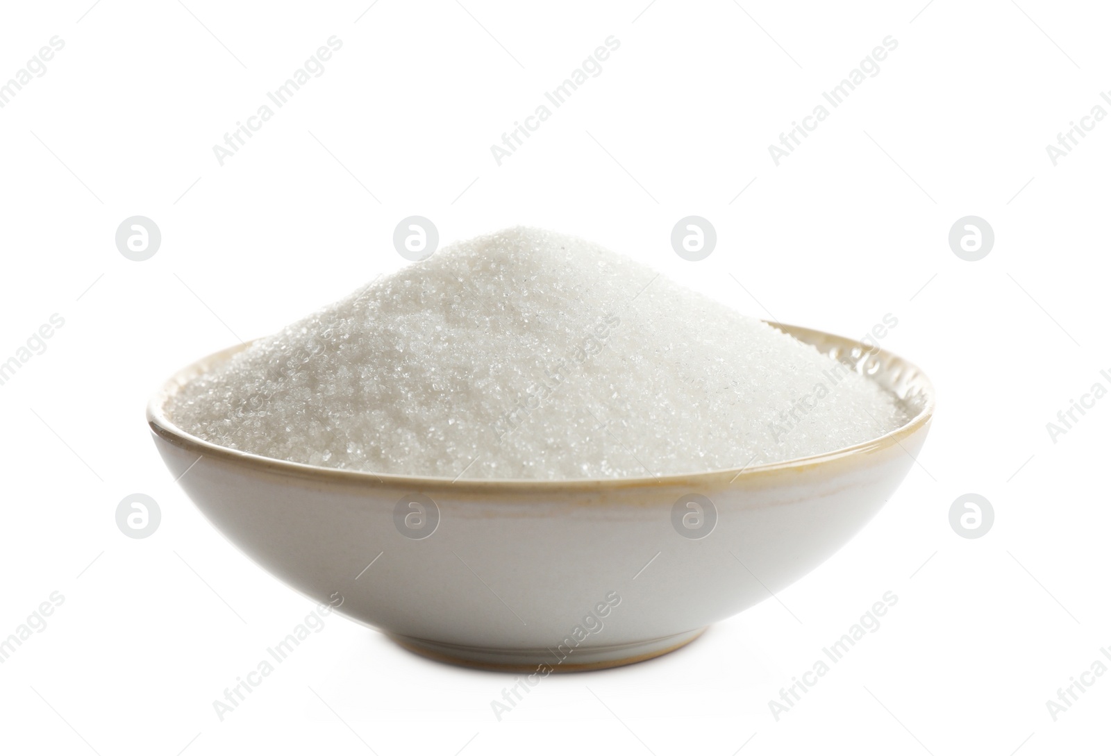 Photo of Granulated sugar in bowl isolated on white