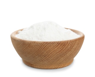 Photo of Wooden bowl with baking soda on white background