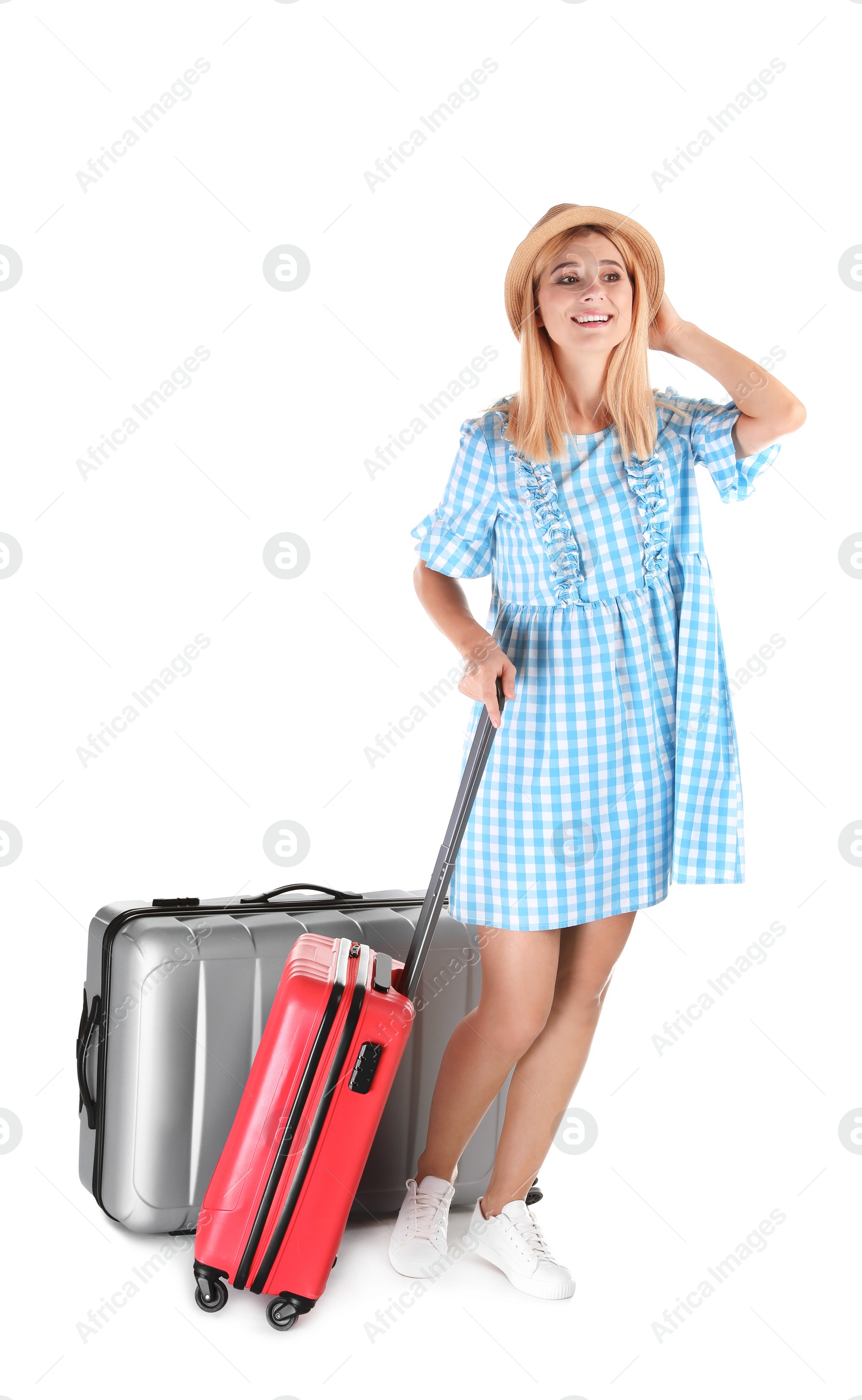 Photo of Woman with suitcases on white background. Vacation travel