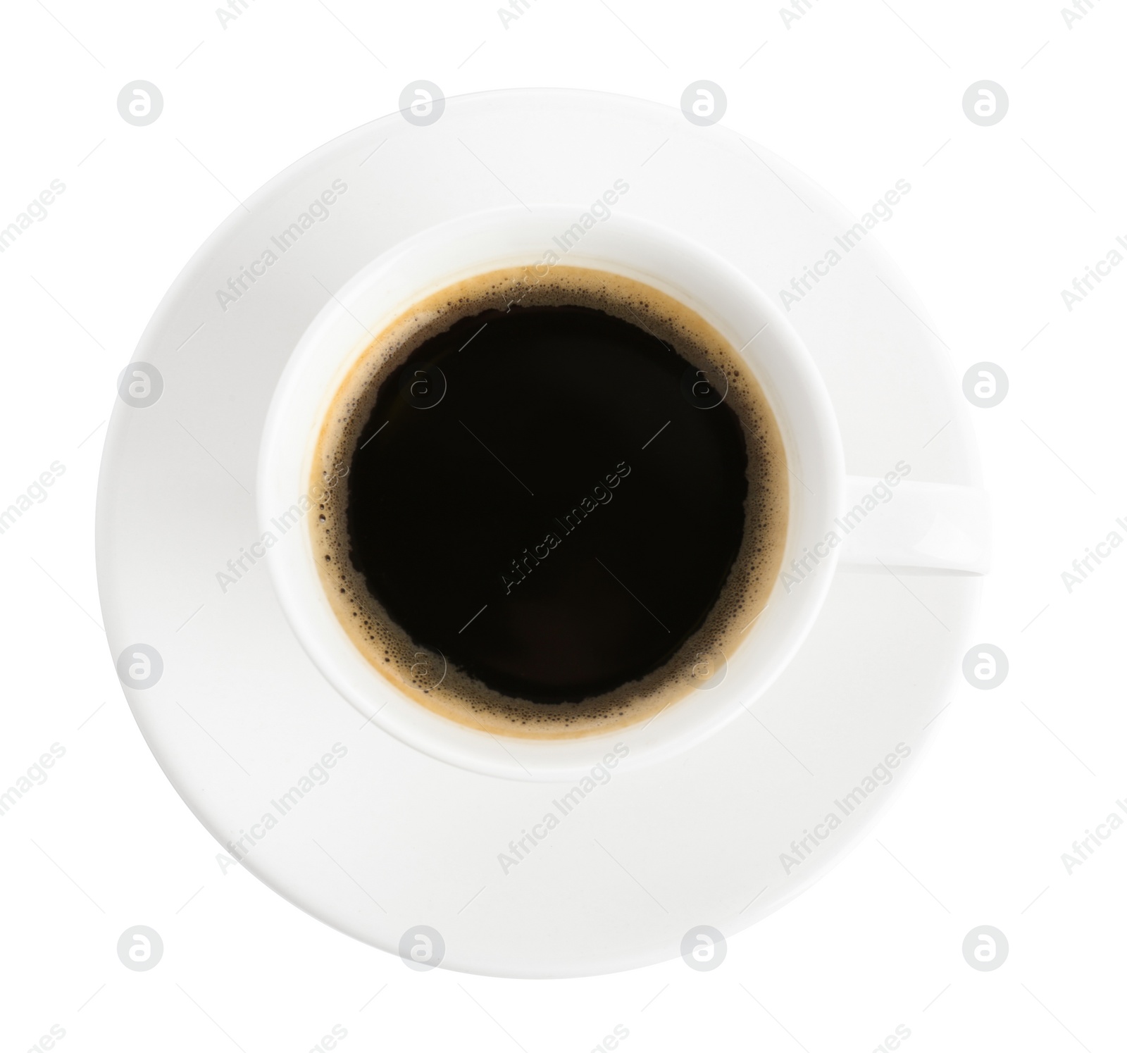 Photo of Cup of tasty coffee isolated on white, top view