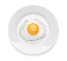 Photo of Plate with delicious fried egg isolated on white, top view