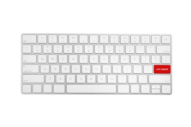Image of Red button with words Life Hacks on computer keyboard, top view