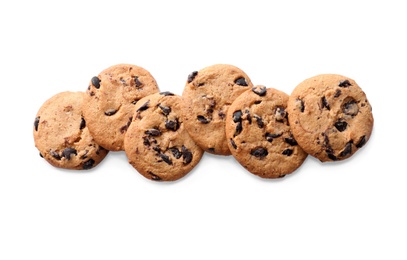 Photo of Tasty chocolate chip cookies on white background, top view