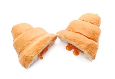 Photo of Tasty croissant with jam on white background