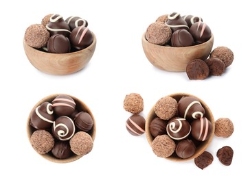 Image of Set with delicious sweet chocolate truffles on white background