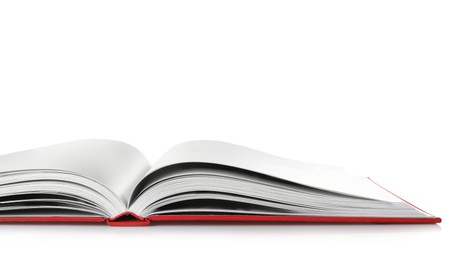 Photo of Open book with red cover on white background, closeup