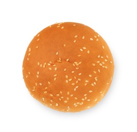 Photo of One fresh hamburger bun isolated on white, top view