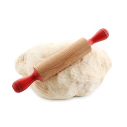 Photo of Raw dough and rolling pin isolated on white, top view