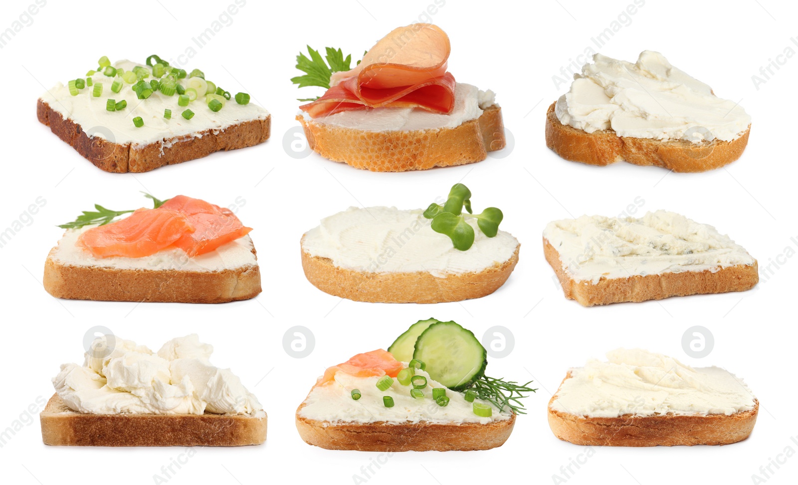 Image of Toasted bread with tasty cream cheese, salmon, prosciutto and cucumber on white background, collage