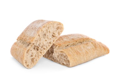 Photo of Cut ciabatta on white background. Fresh bread