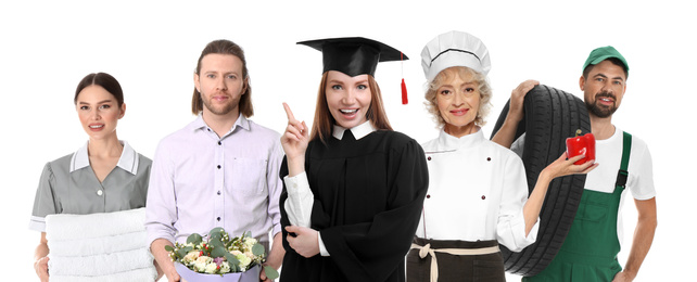 Career choice. People of different professions on white background, banner design