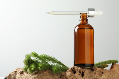 Photo of Bottle of hydrophilic oil and fir twigs on white background, space for text