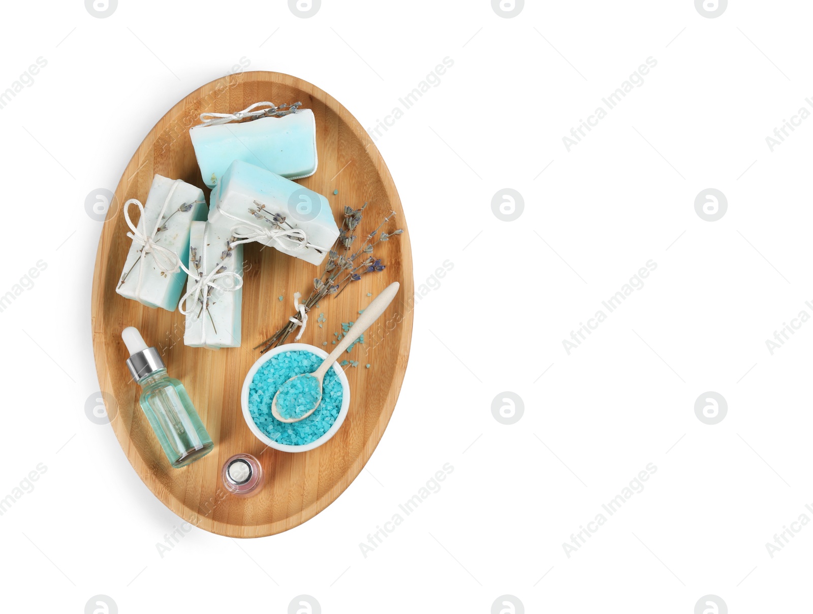 Photo of Natural handmade soap and ingredients on white background, top view