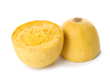 Photo of Cooked cut spaghetti squash on white background