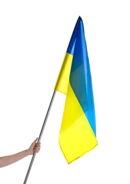 Photo of Woman holding national flag of Ukraine on white background, closeup