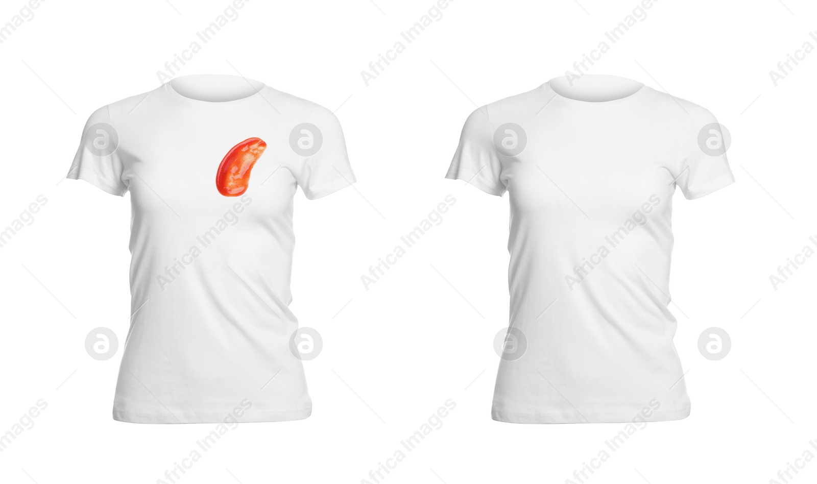 Image of Collage with dirty and clean t-shirt isolated on white. Before and after washing