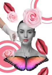 Image of Cosmetology and skincare. Creative collage with woman getting beauty injection on white background