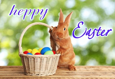 Image of Happy Easter. Adorable bunny and wicker basket with eggs on wooden table outdoors 