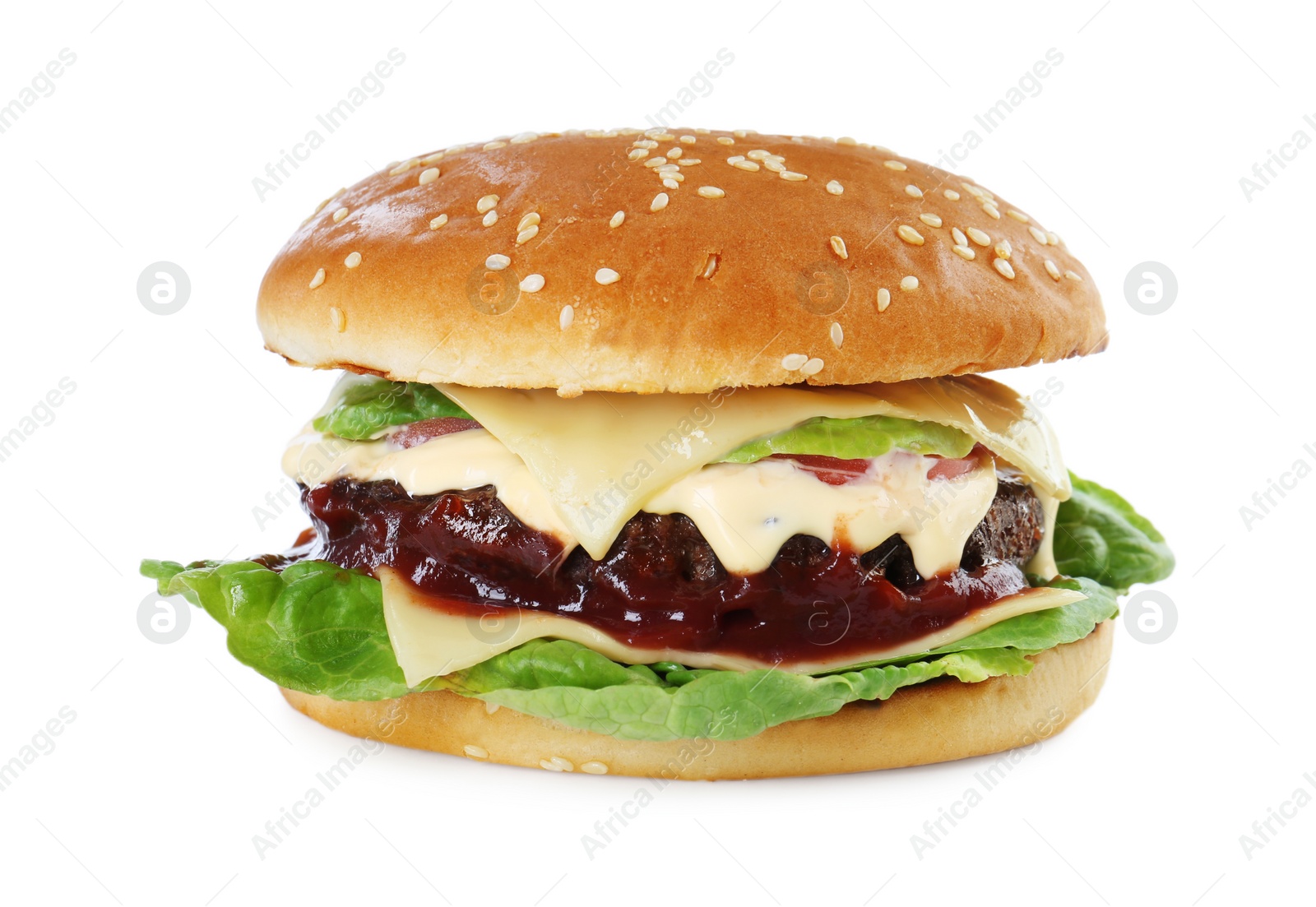 Photo of Tasty homemade cheeseburger with lettuce isolated on white